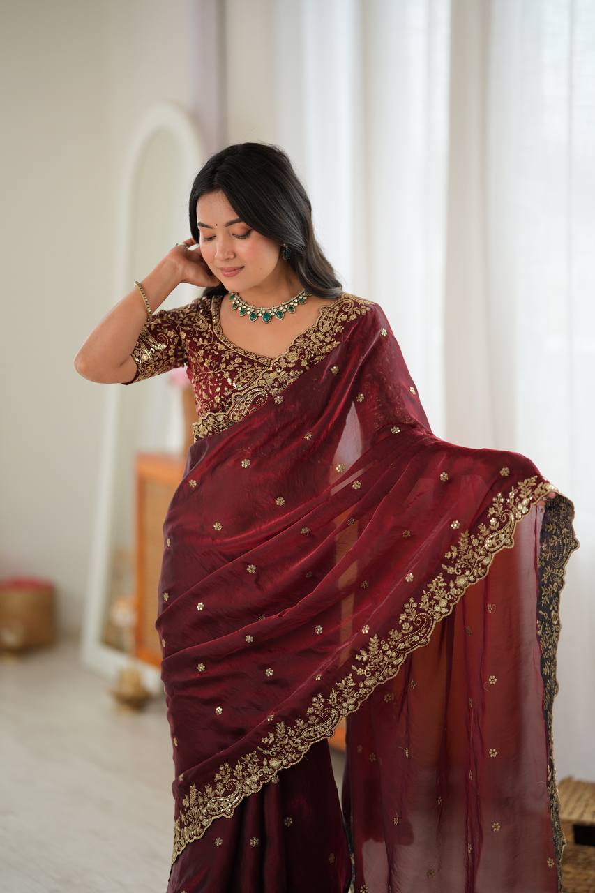 Maroon Color Fendy Silk Embroidered Saree