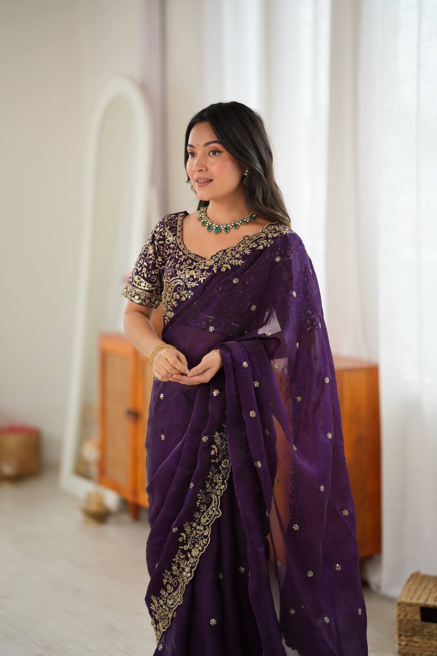 Dark Purple Color Fendy Silk Embroidered Saree
