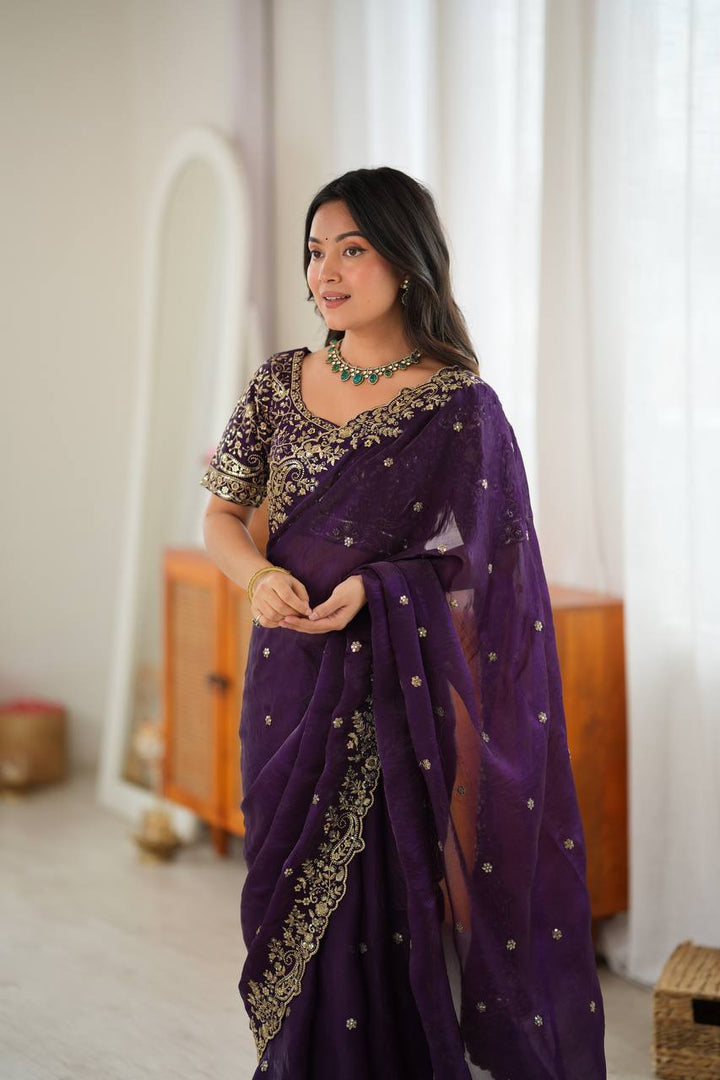 Dark Purple Color Fendy Silk Embroidered Saree