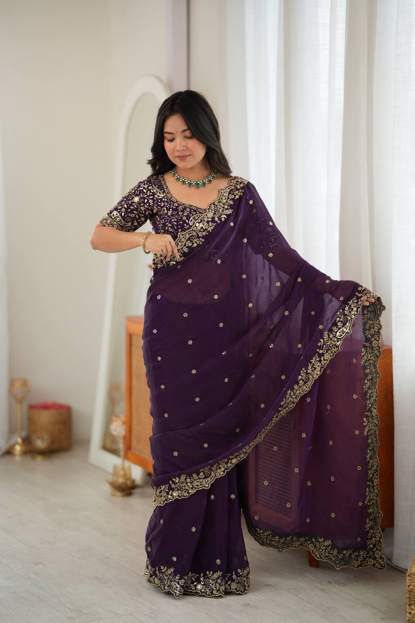 Dark Purple Color Fendy Silk Embroidered Saree