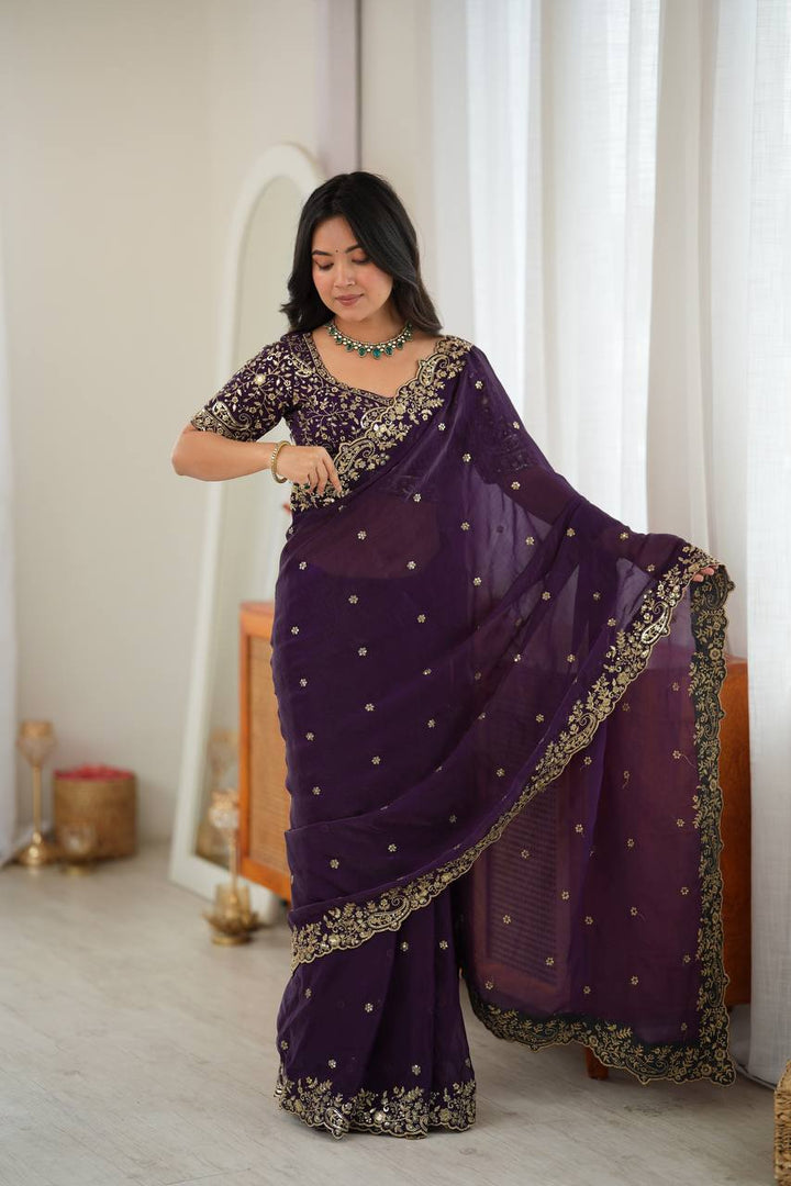 Dark Purple Color Fendy Silk Embroidered Saree
