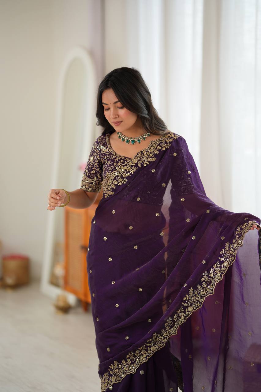 Dark Purple Color Fendy Silk Embroidered Saree