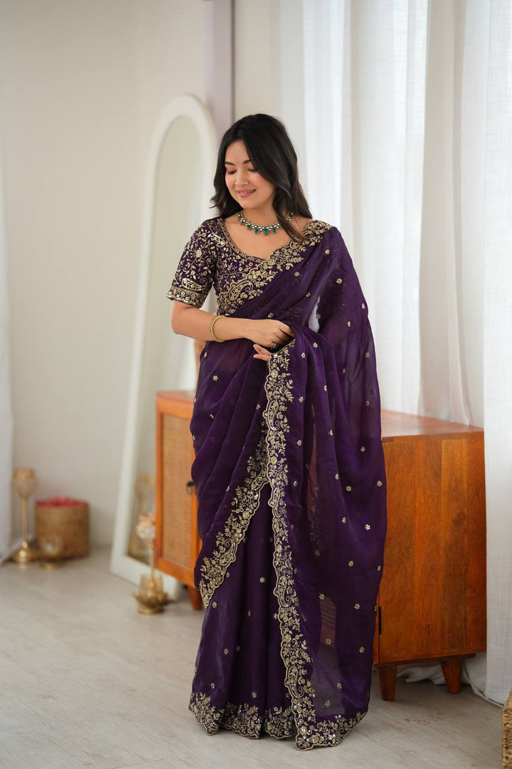 Dark Purple Color Fendy Silk Embroidered Saree