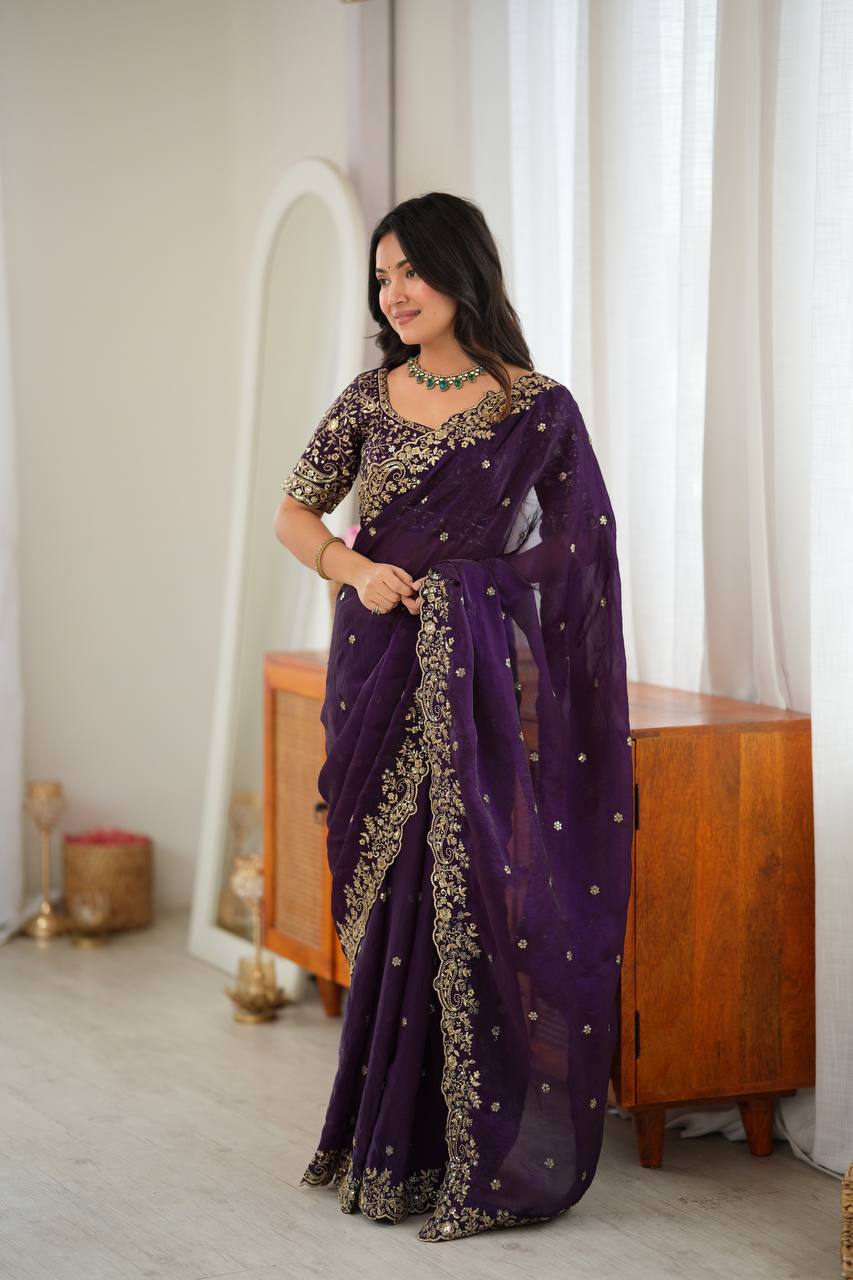Dark Purple Color Fendy Silk Embroidered Saree