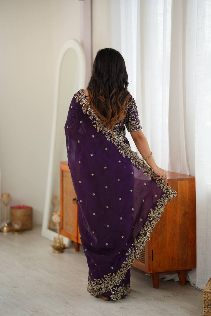 Dark Purple Color Fendy Silk Embroidered Saree