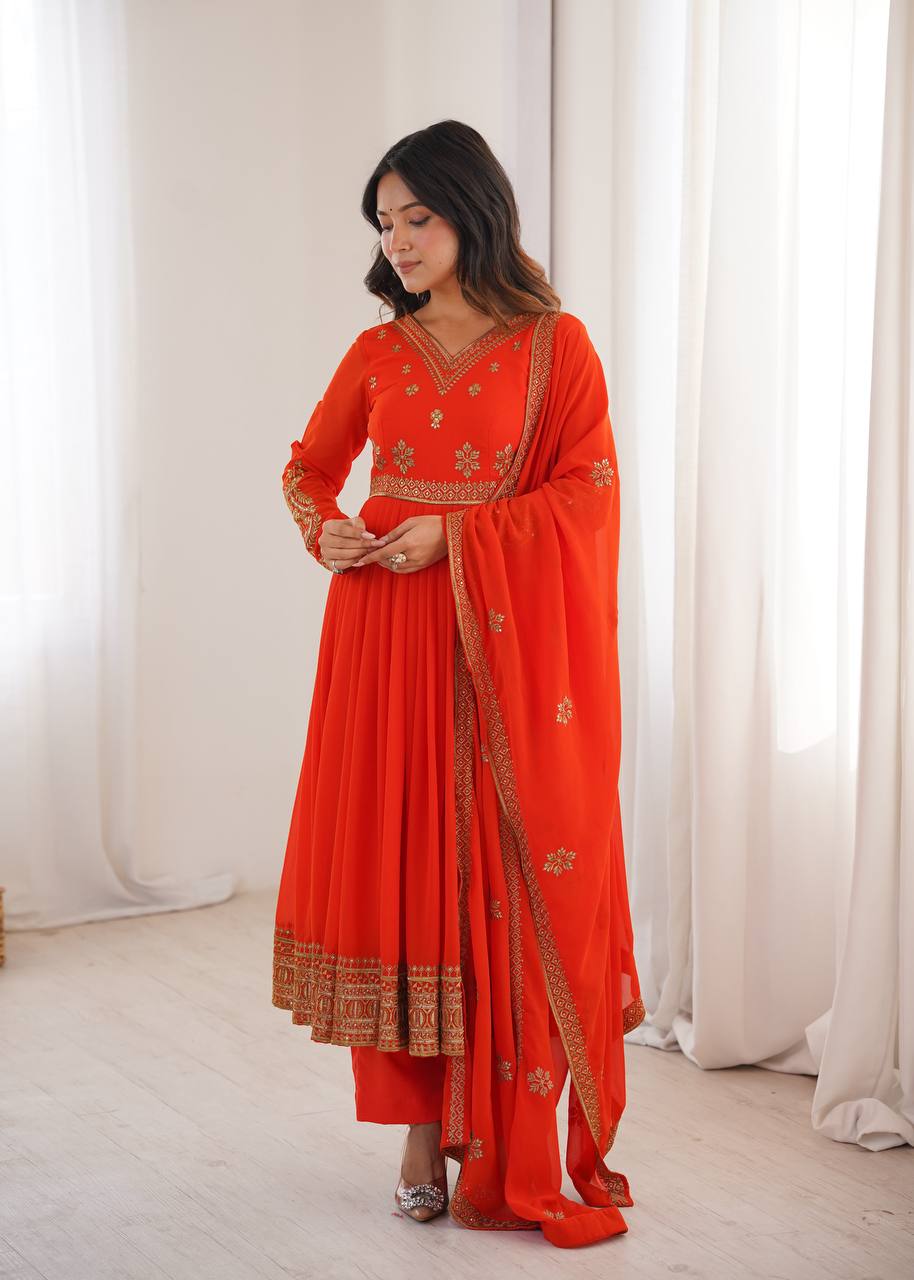 Orange Embroidered Faux Georgette Anarkali Suit