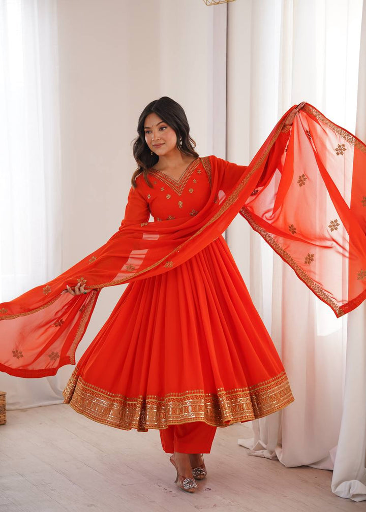 Orange Embroidered Faux Georgette Anarkali Suit