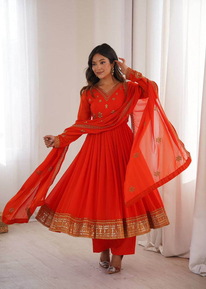 Orange Embroidered Faux Georgette Anarkali Suit