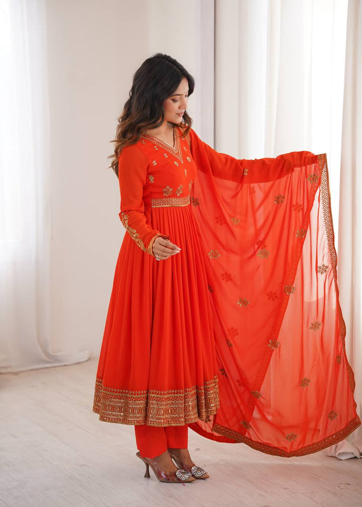 Orange Embroidered Faux Georgette Anarkali Suit