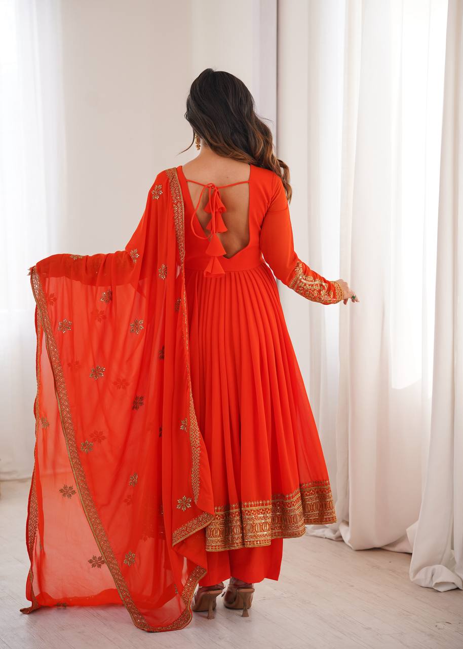 Orange Embroidered Faux Georgette Anarkali Suit
