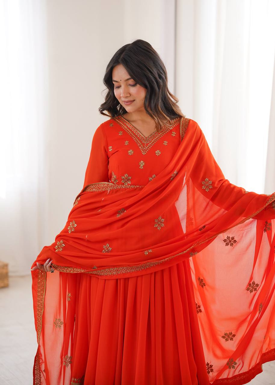 Orange Embroidered Faux Georgette Anarkali Suit