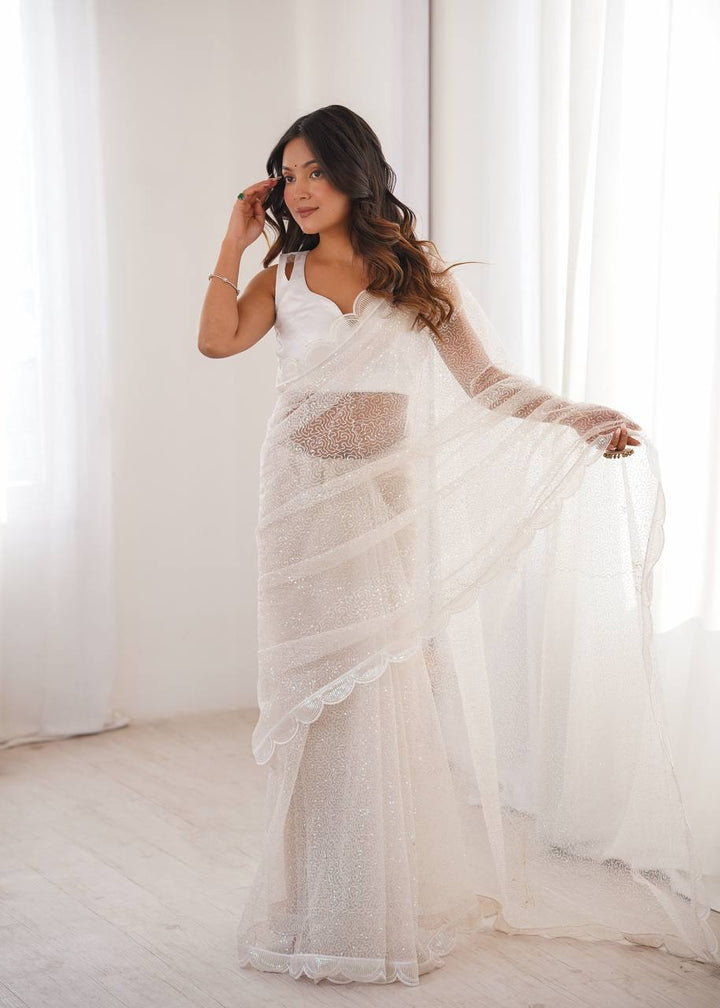 White Color Soft Net Embroidered Saree