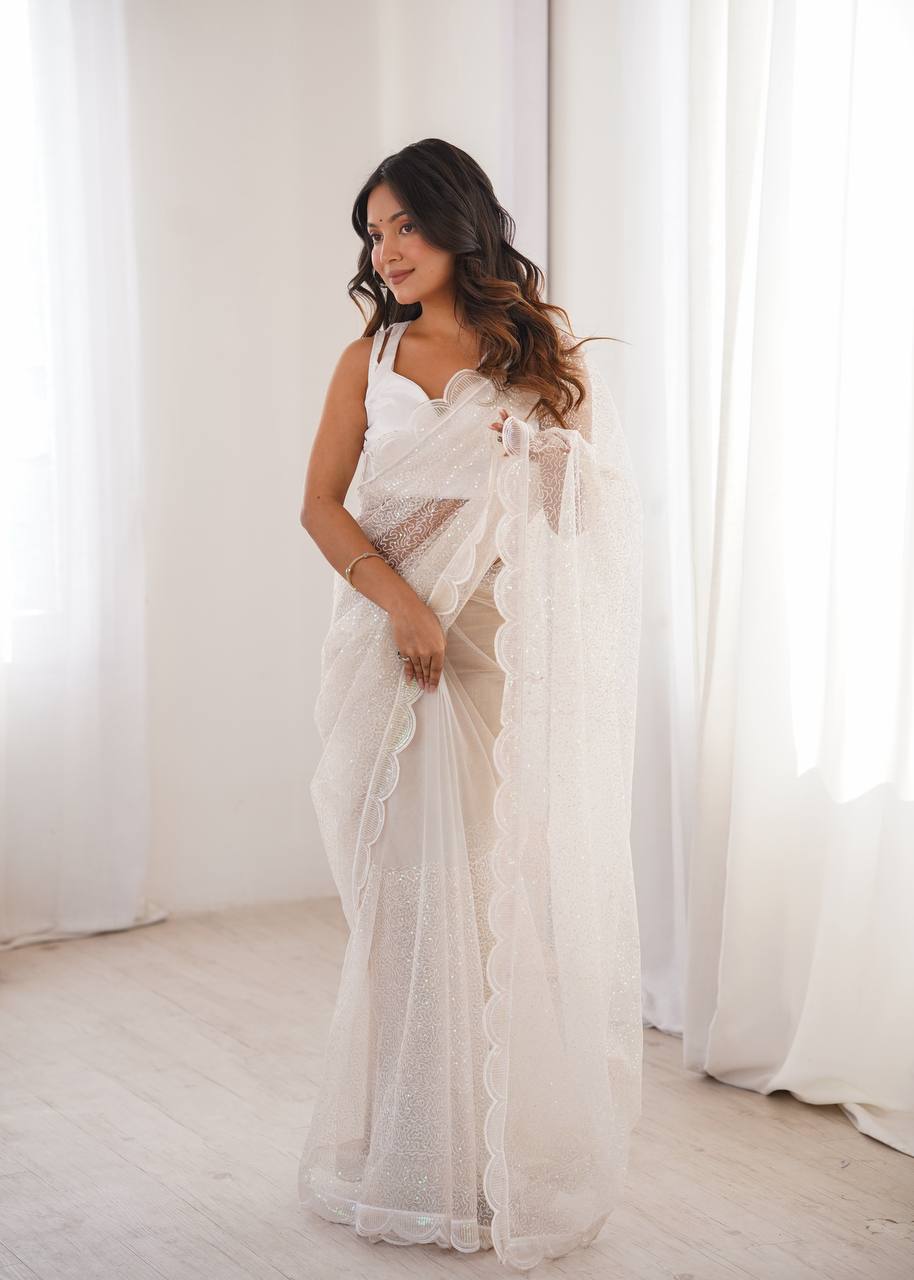 White Color Soft Net Embroidered Saree