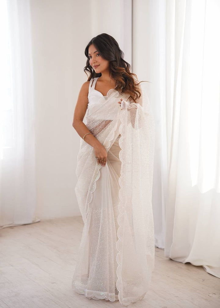 White Color Soft Net Embroidered Saree