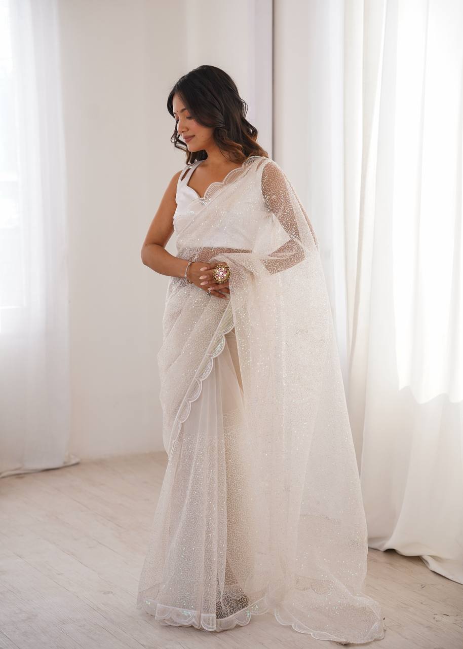 White Color Soft Net Embroidered Saree