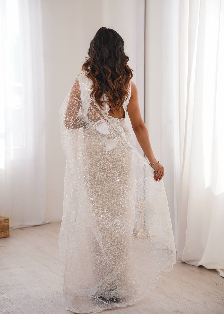 White Color Soft Net Embroidered Saree