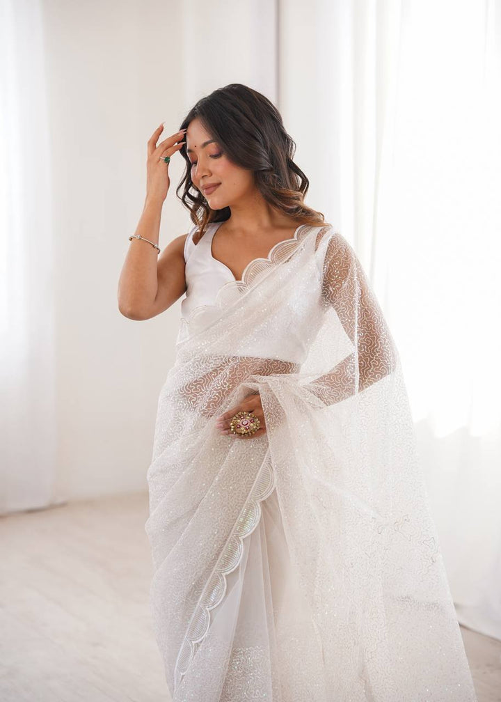 White Color Soft Net Embroidered Saree