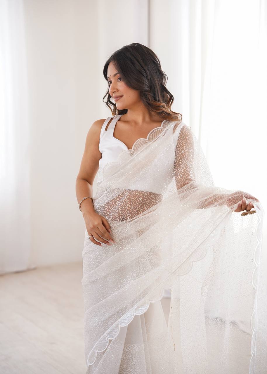 White Color Soft Net Embroidered Saree