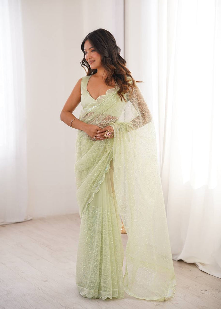 Pista Color Soft Net Embroidered Saree