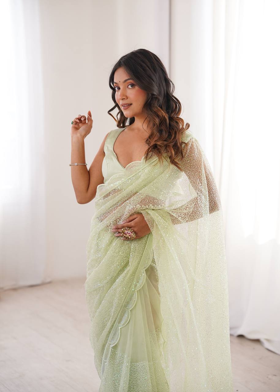 Pista Color Soft Net Embroidered Saree