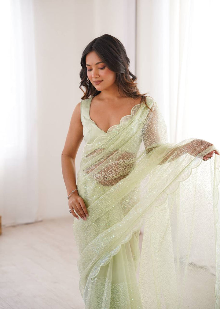 Pista Color Soft Net Embroidered Saree