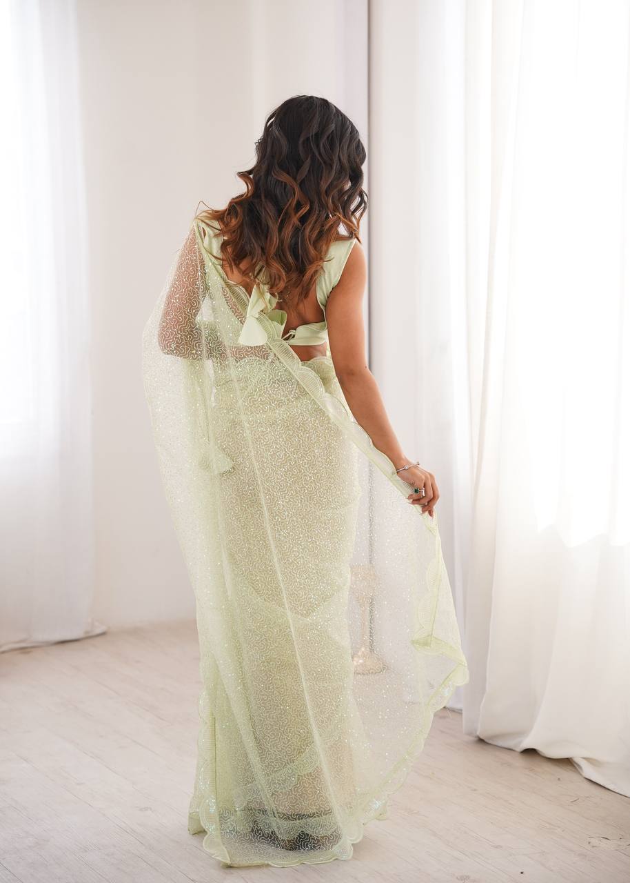 Pista Color Soft Net Embroidered Saree