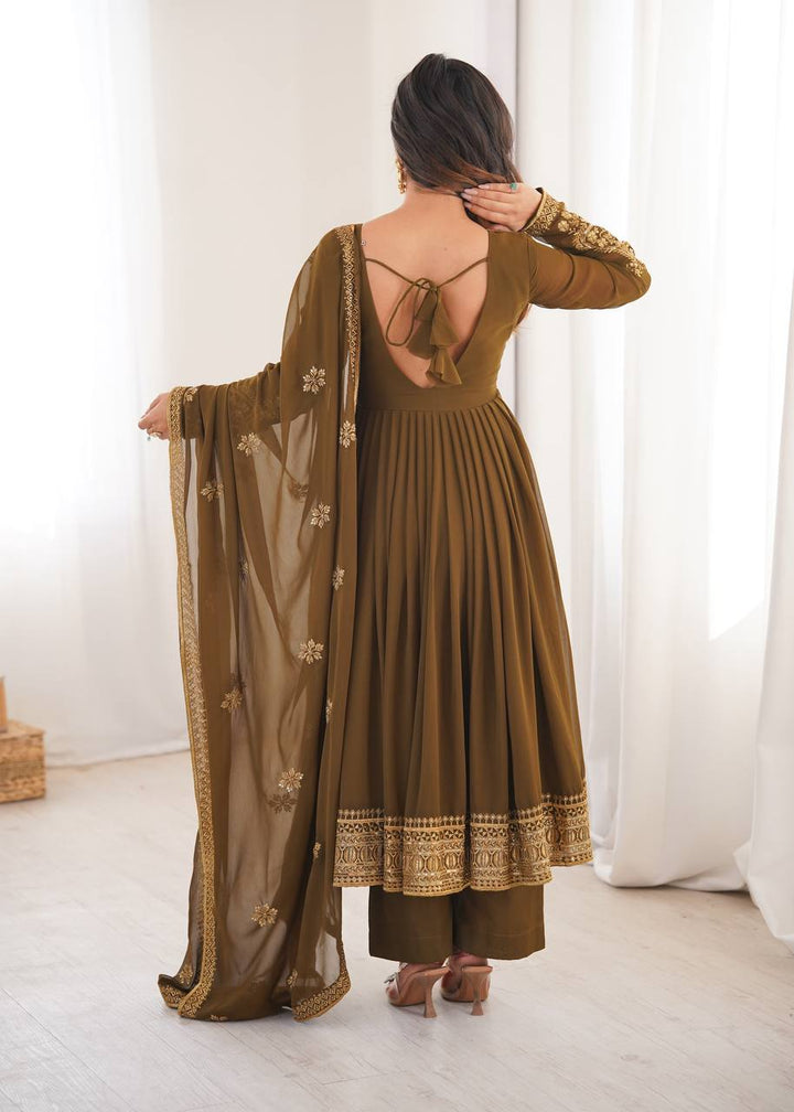 Olive Brown Embroidered Faux Georgette Anarkali Suit