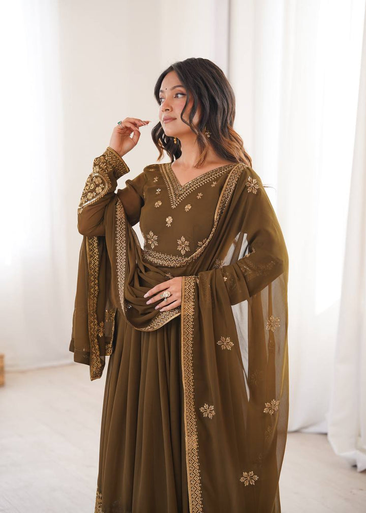Olive Brown Embroidered Faux Georgette Anarkali Suit