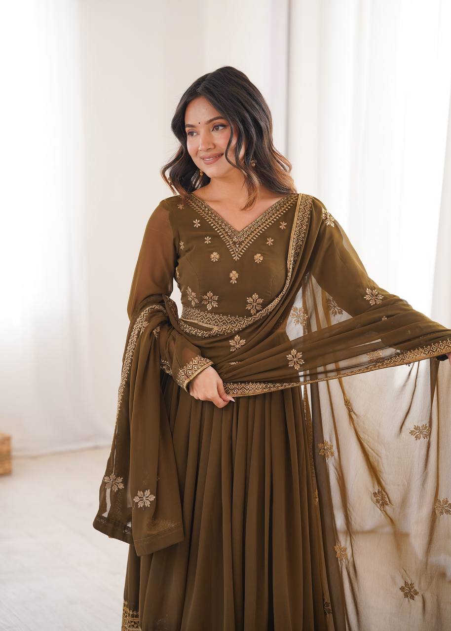 Olive Brown Embroidered Faux Georgette Anarkali Suit