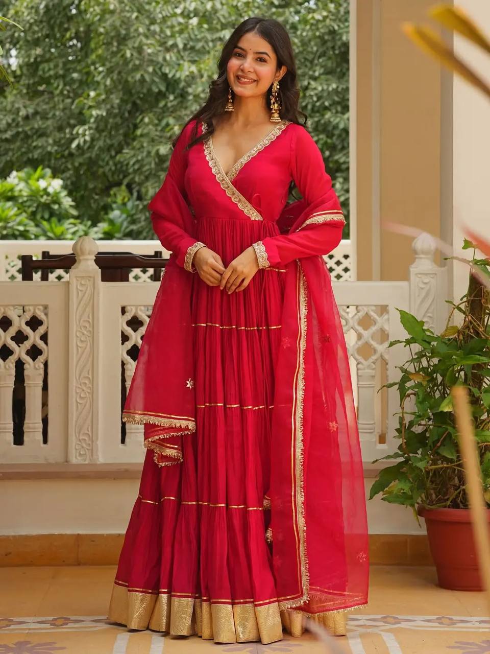 Crimson Red Tiered Angrakha Style Georgette Gown