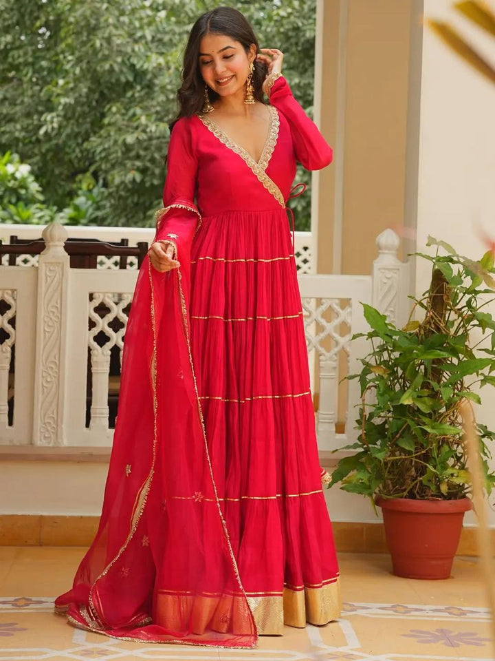 Crimson Red Tiered Angrakha Style Georgette Gown