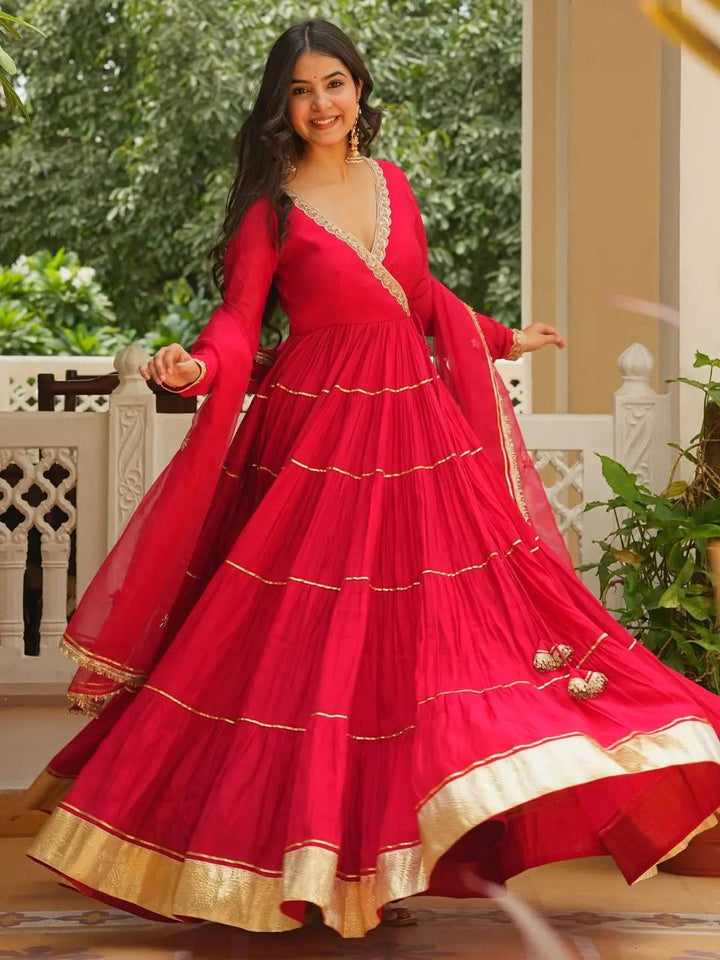 Crimson Red Tiered Angrakha Style Georgette Gown