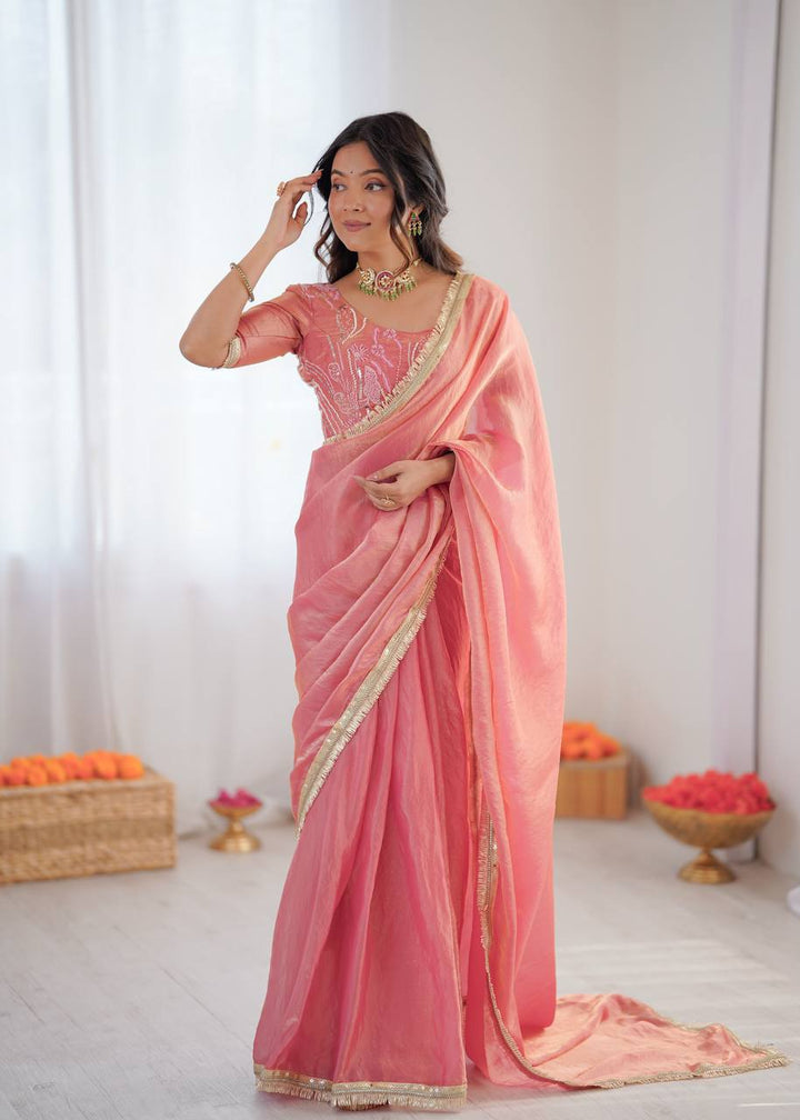 Peach Pink Embroidered Fendy Silk Ready To Wear Saree