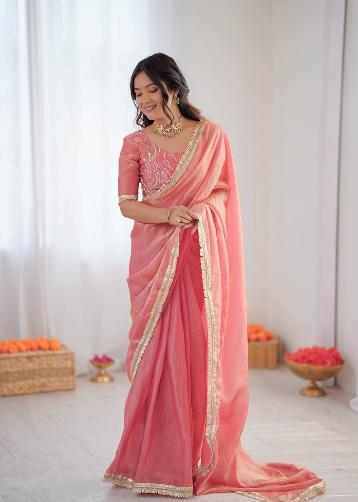 Peach Pink Embroidered Fendy Silk Ready To Wear Saree