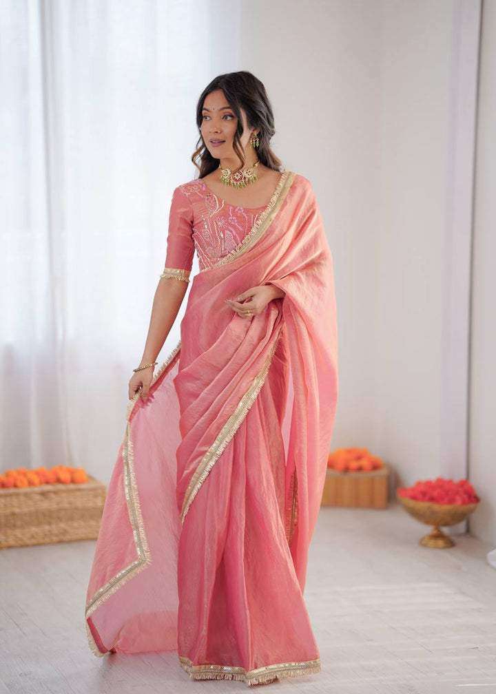 Peach Pink Embroidered Fendy Silk Ready To Wear Saree