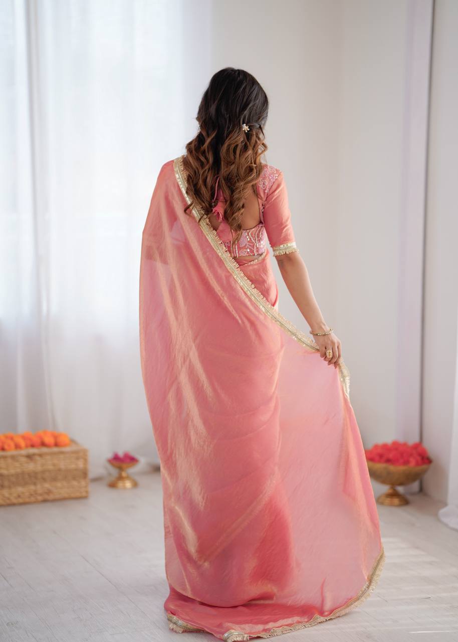 Peach Pink Embroidered Fendy Silk Ready To Wear Saree