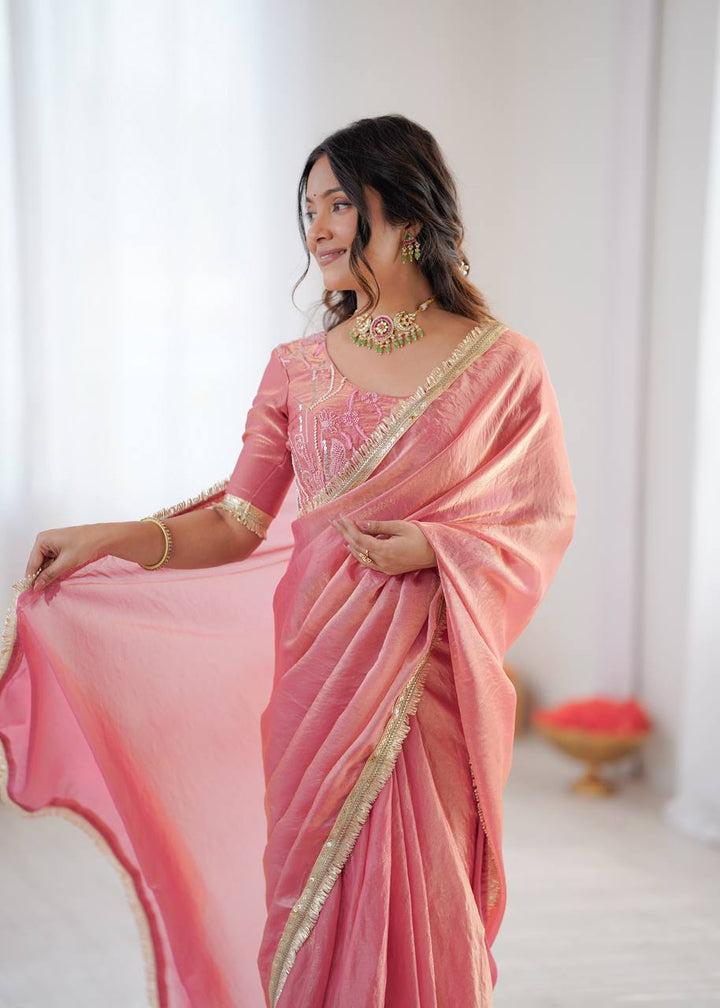 Peach Pink Embroidered Fendy Silk Ready To Wear Saree