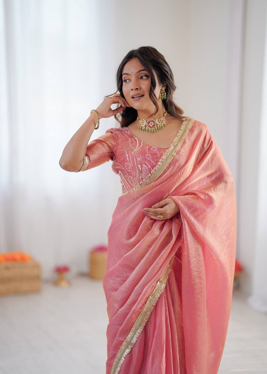 Peach Pink Embroidered Fendy Silk Ready To Wear Saree
