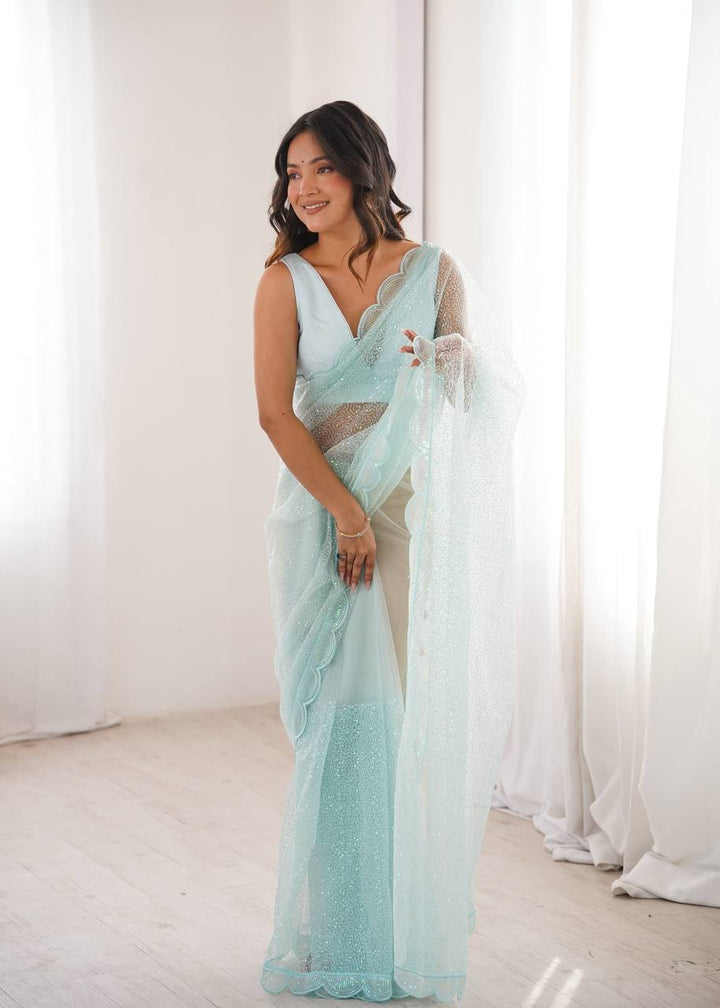 Sky Color Soft Net Embroidered Saree