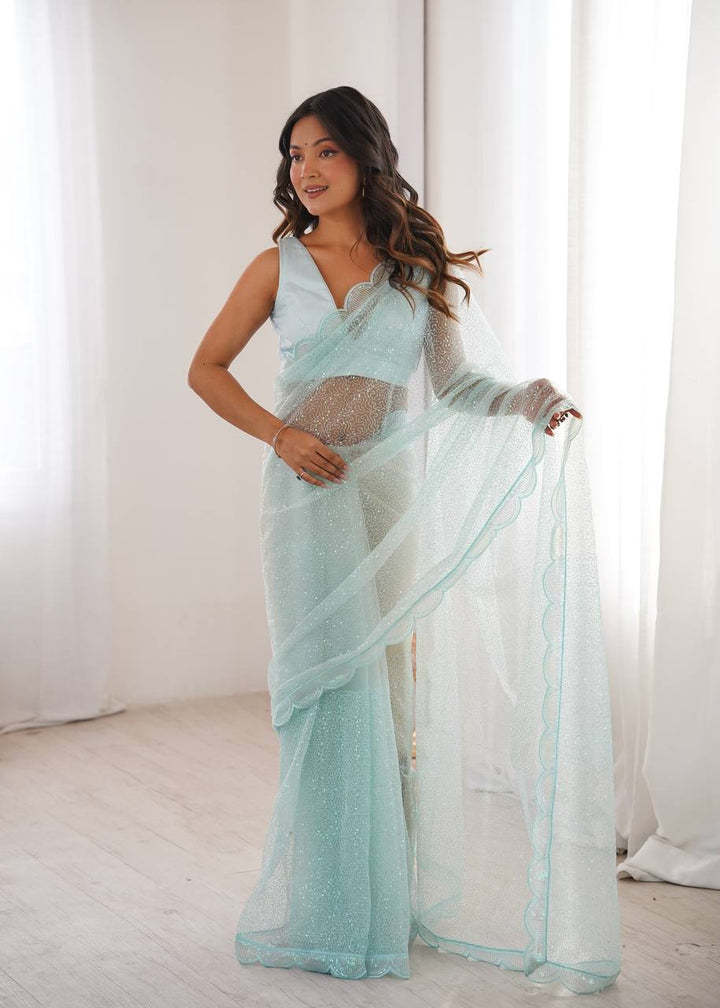 Sky Color Soft Net Embroidered Saree