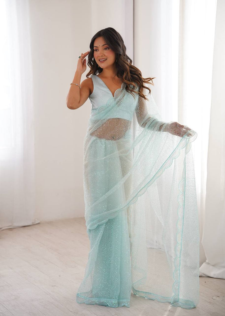 Sky Color Soft Net Embroidered Saree
