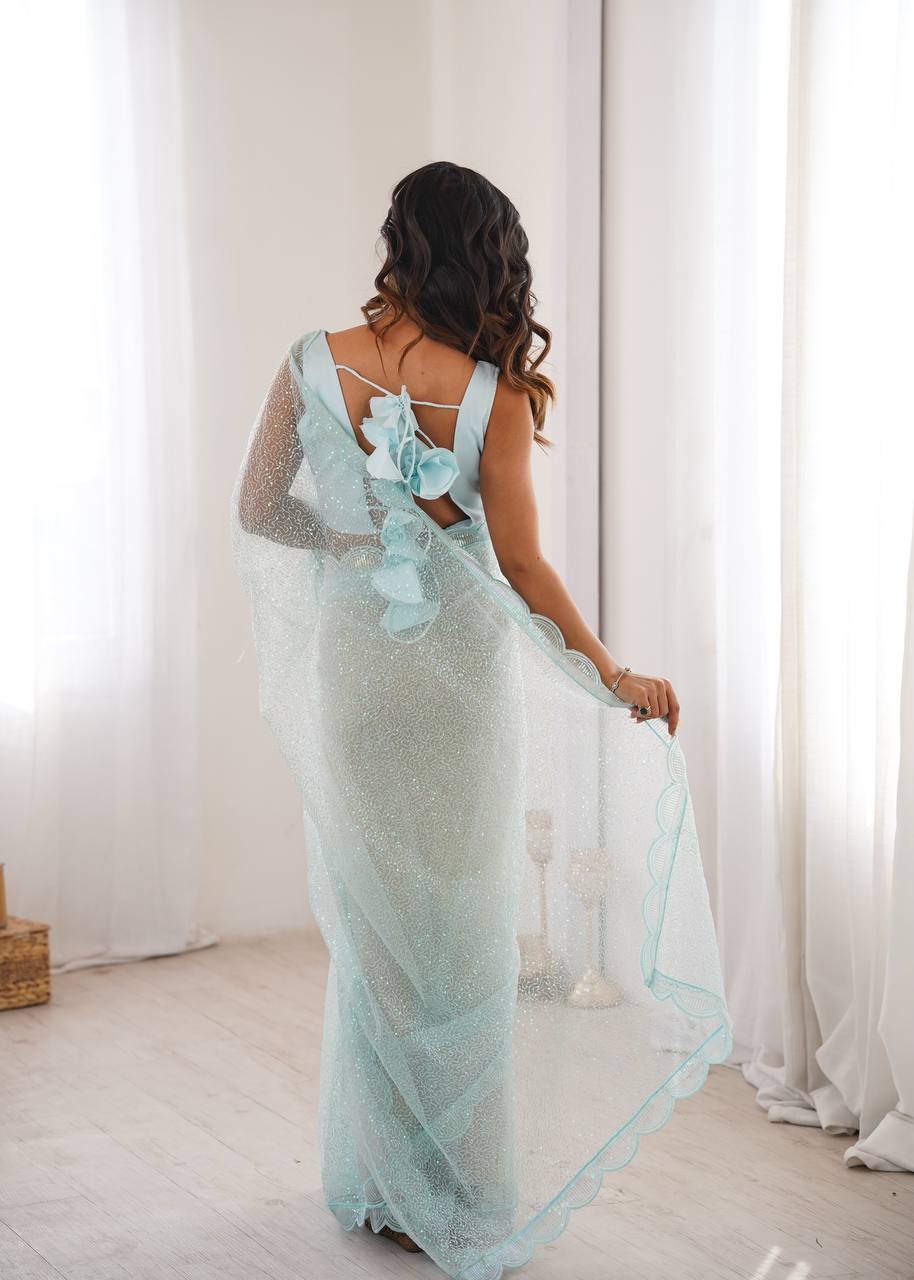 Sky Color Soft Net Embroidered Saree