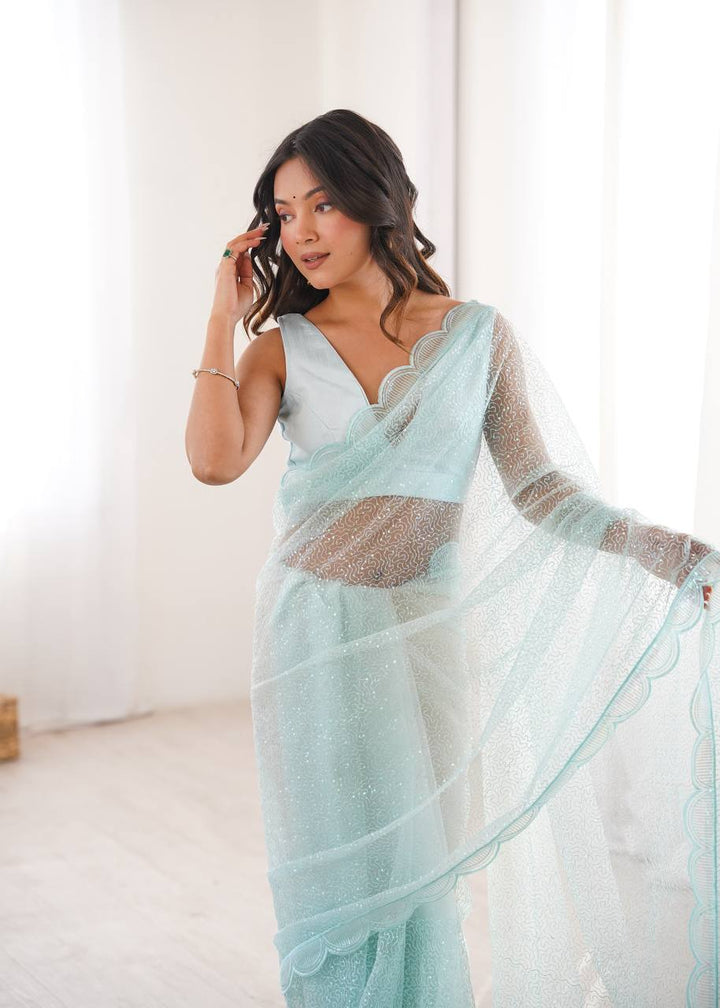 Sky Color Soft Net Embroidered Saree