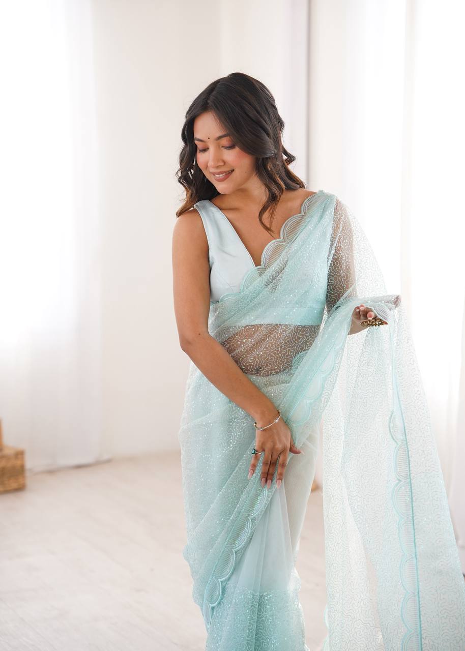 Sky Color Soft Net Embroidered Saree