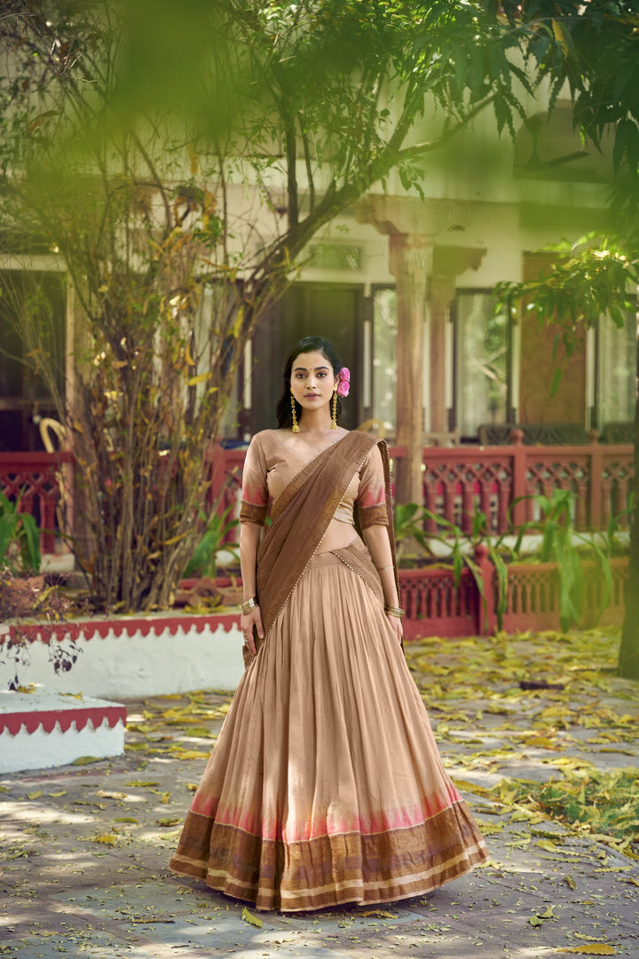 Chikoo Color Zari Border Dyeable Silk Half Saree