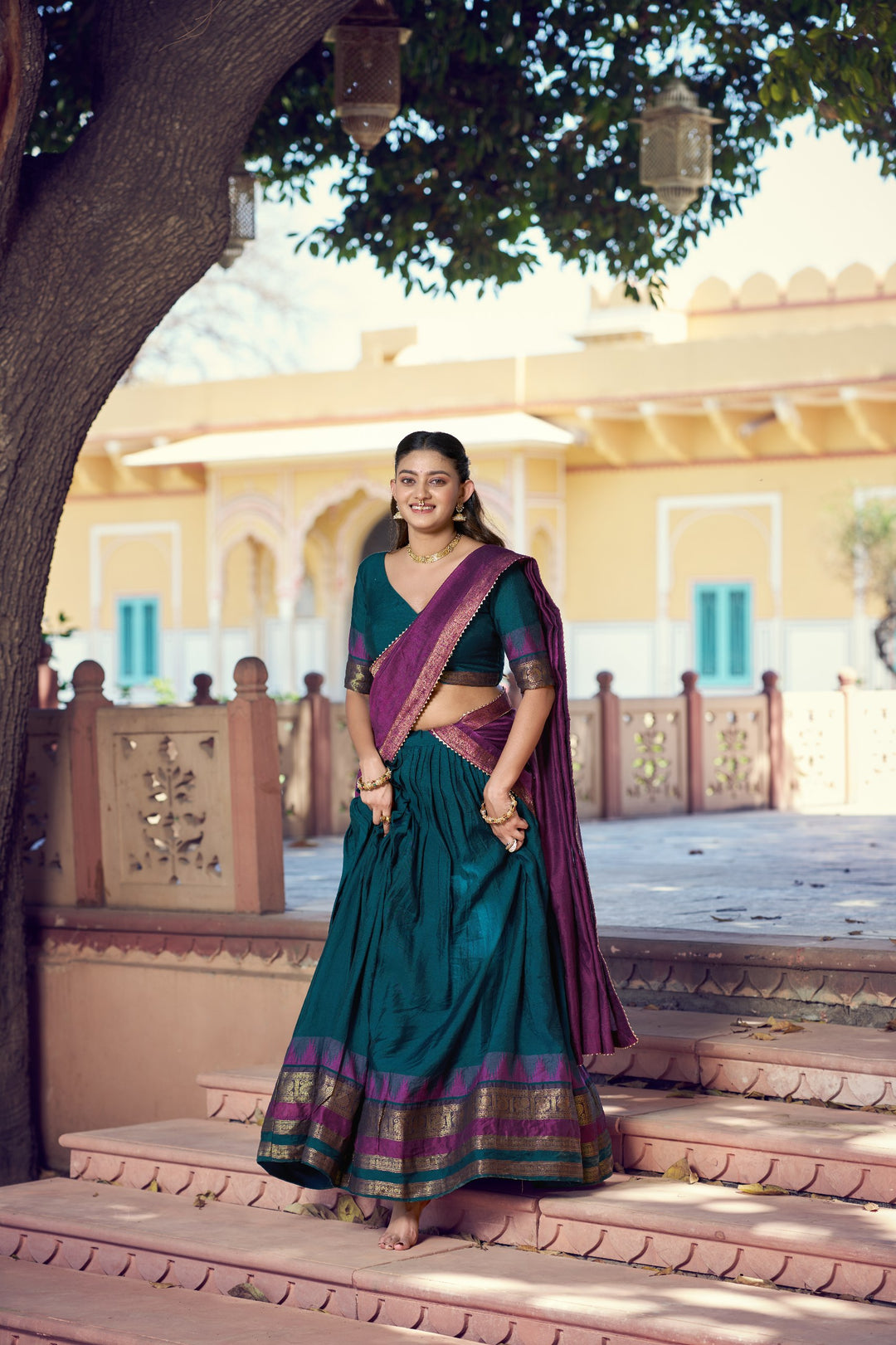 Peacock Blue Color Zari Border Dyeable Silk Half Saree