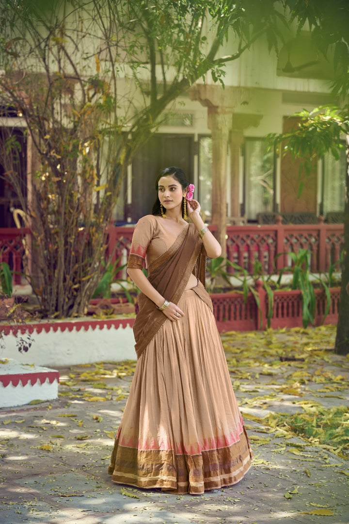 Chikoo Color Zari Border Dyeable Silk Half Saree