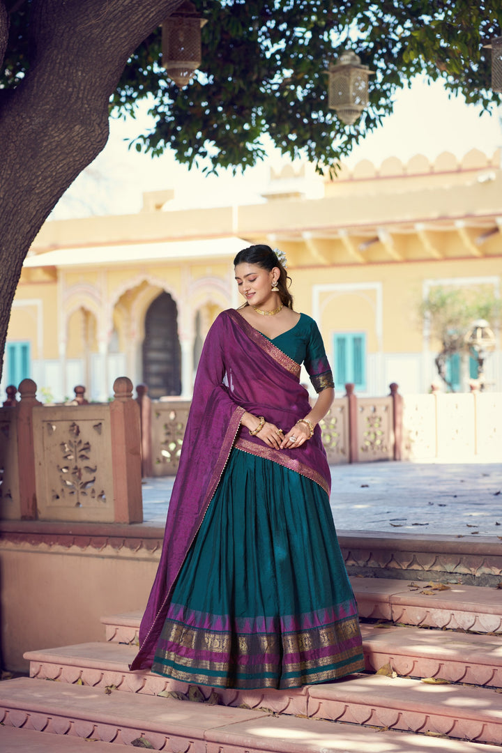 Peacock Blue Color Zari Border Dyeable Silk Half Saree