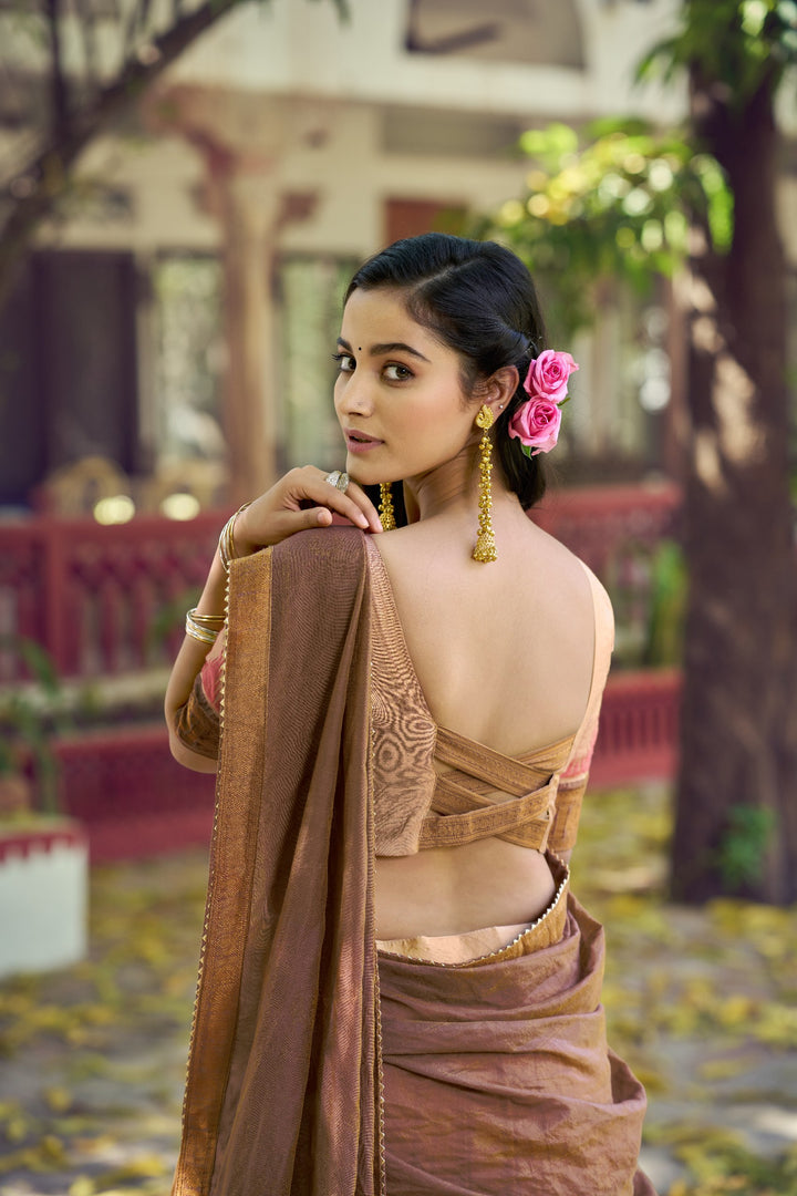 Chikoo Color Zari Border Dyeable Silk Half Saree
