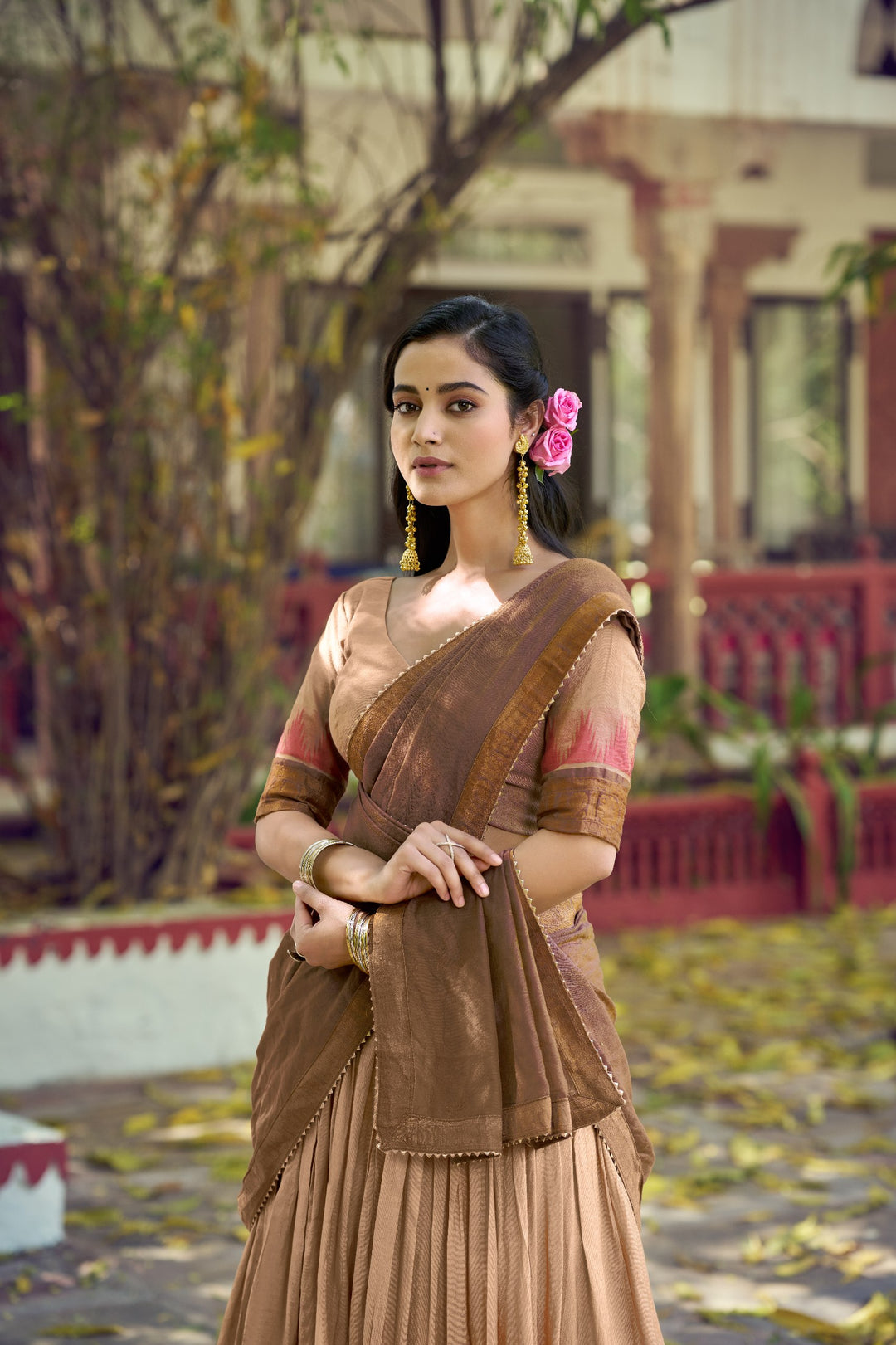 Chikoo Color Zari Border Dyeable Silk Half Saree